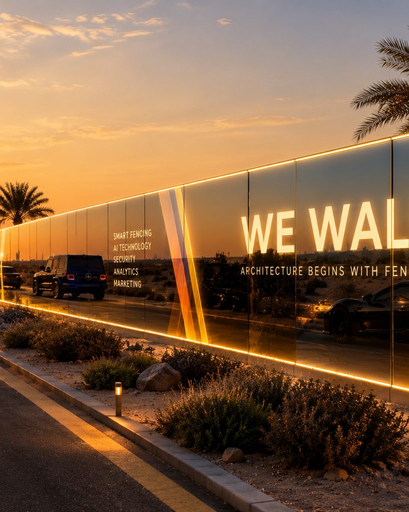 WE WALL glass hoarding with marketing graphics on a Dubai road