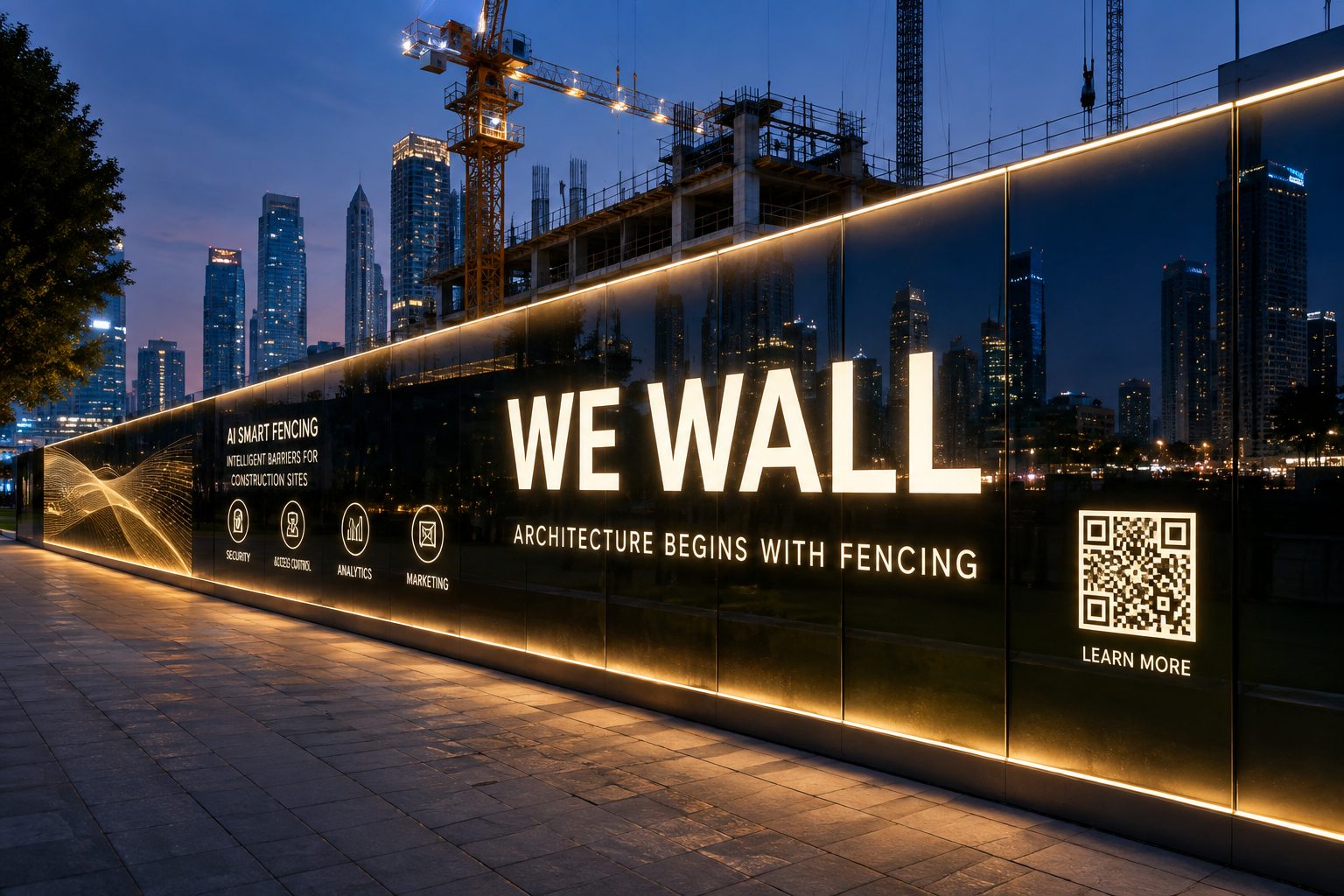 WE WALL hoarding lit from inside around a construction site at night, Dubai skyline behind