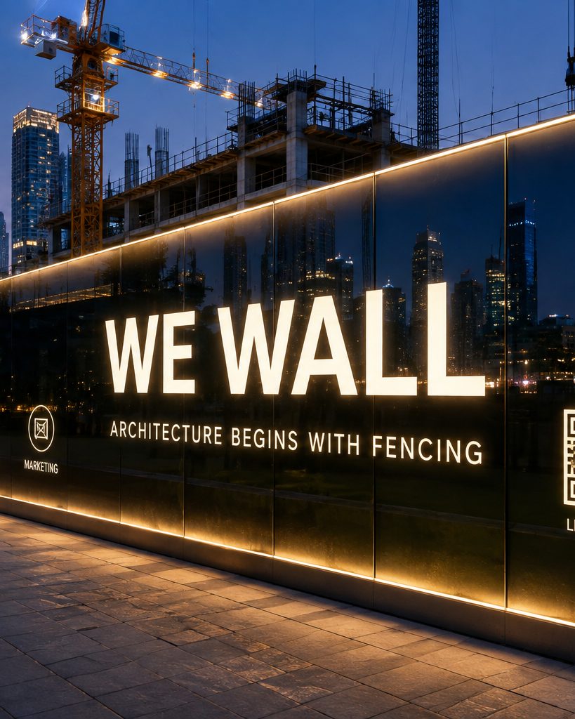 WE WALL glass hoarding enclosing a high-rise construction site at night