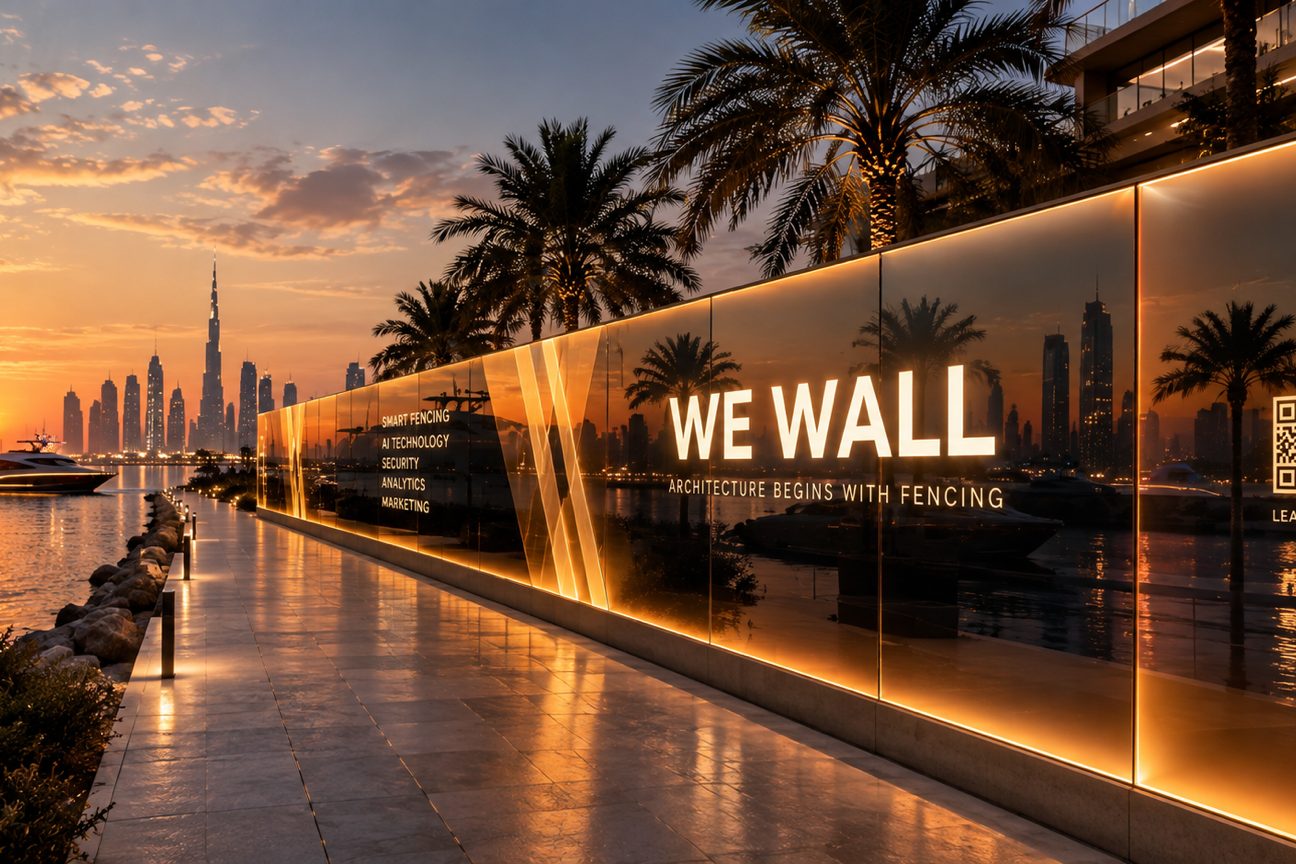 WE WALL hoarding on a waterfront promenade at sunset with the Dubai skyline